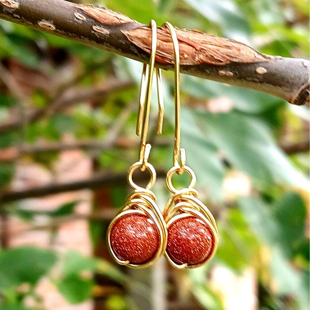 Goldstone Beaded Dangle Earrings, Wire Wrapped, Gold, Boho Statement Chic Luxe